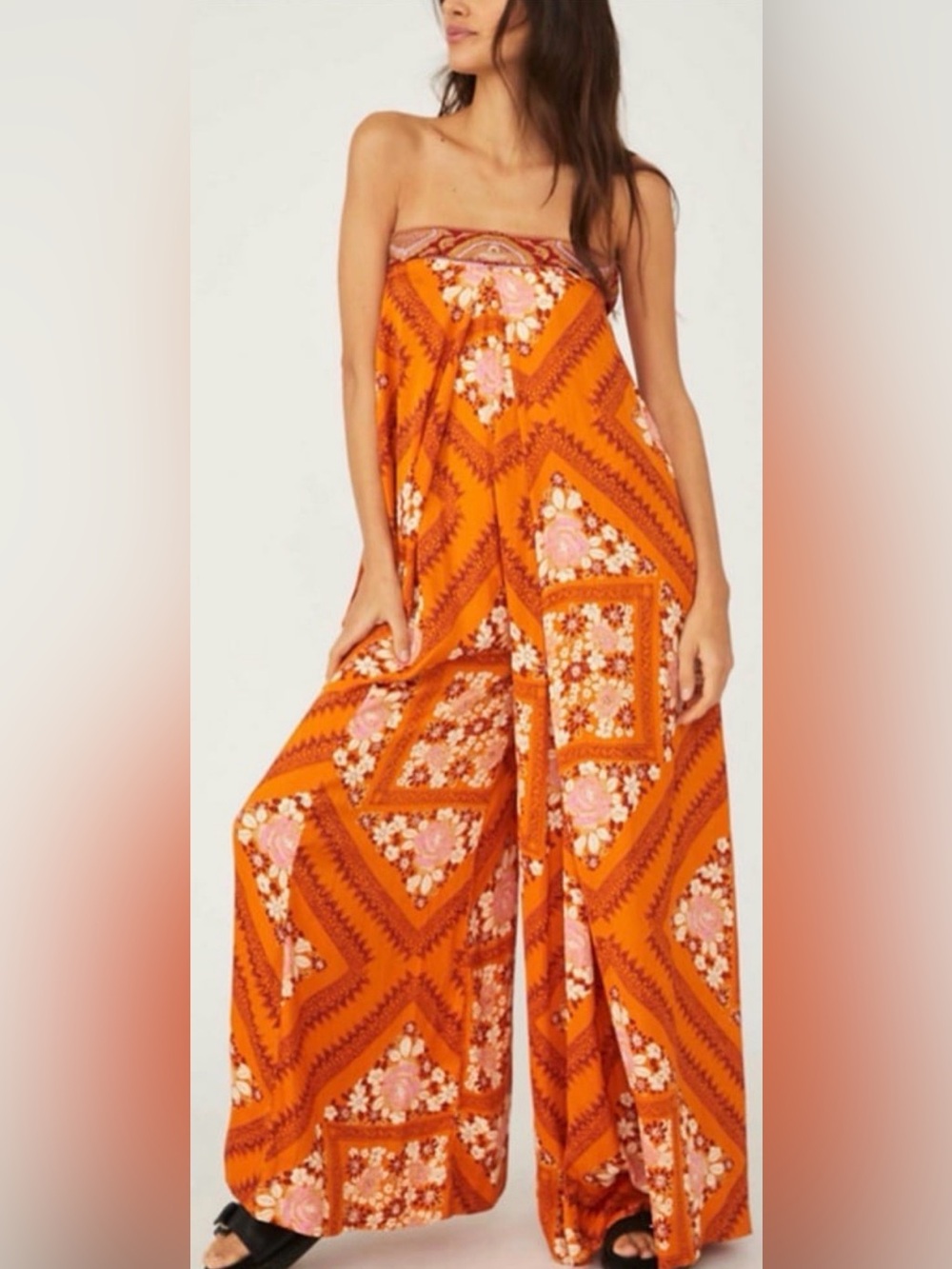 Free People Strapless Orange Floral Wide Leg Jumpsuit Size L